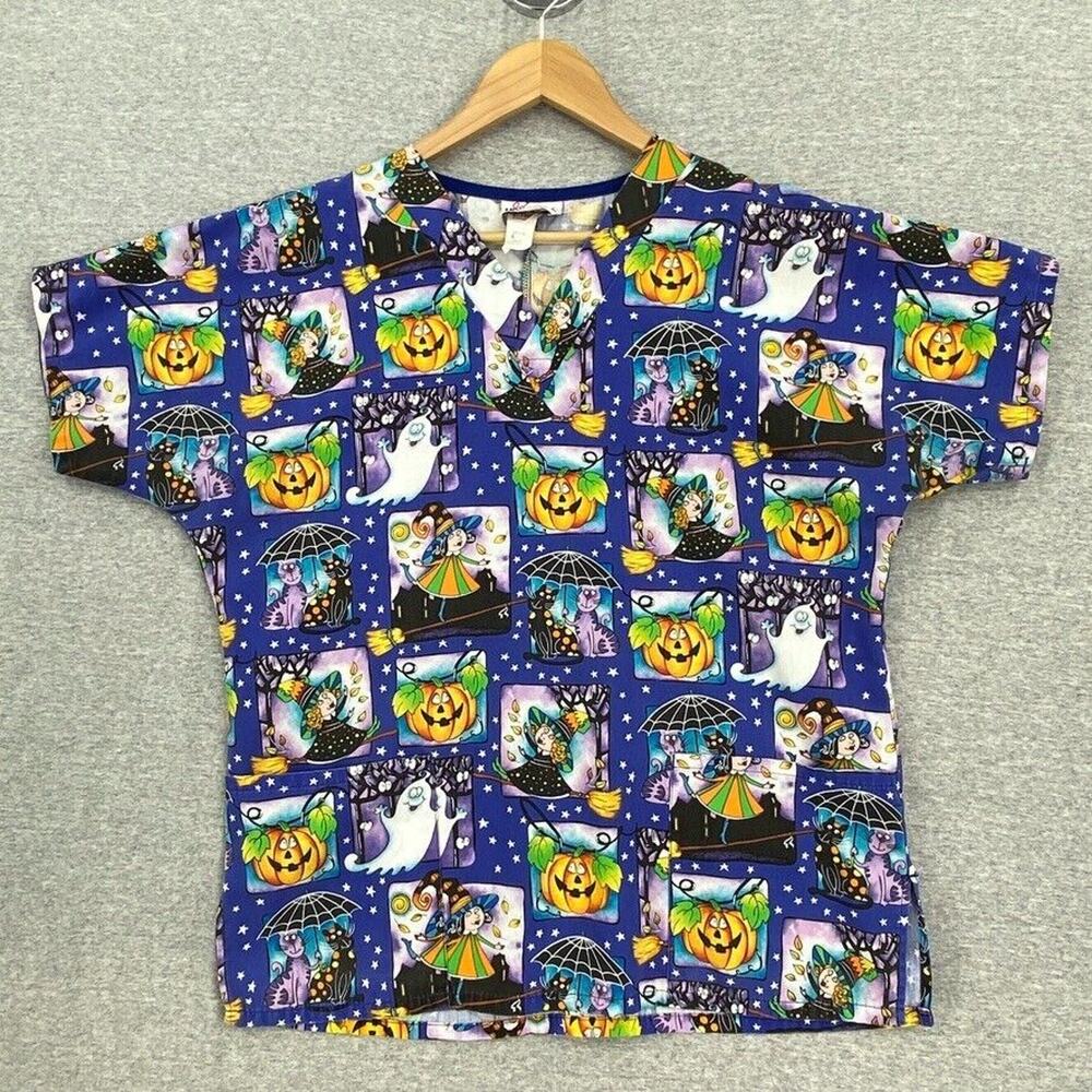 Jasco Uniforms Scrub Top Womens Small Blue Halloween Nurse Vet Medical Uniform